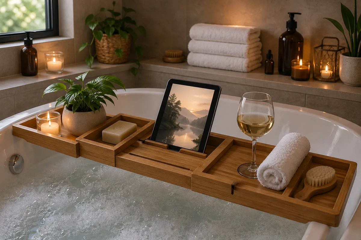 Accessoires de bain disposés sur un pont de baignoire en bois