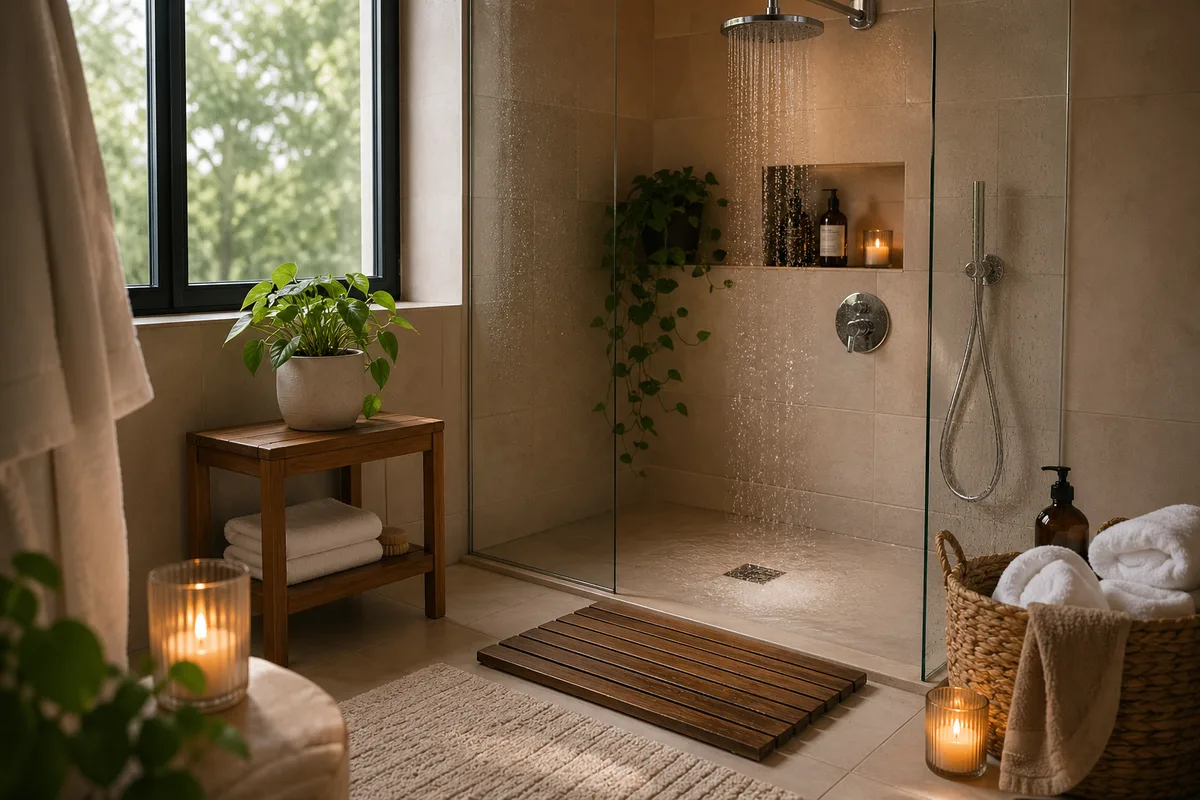 Baignoire moderne dans une salle de bain lumineuse avec accessoires