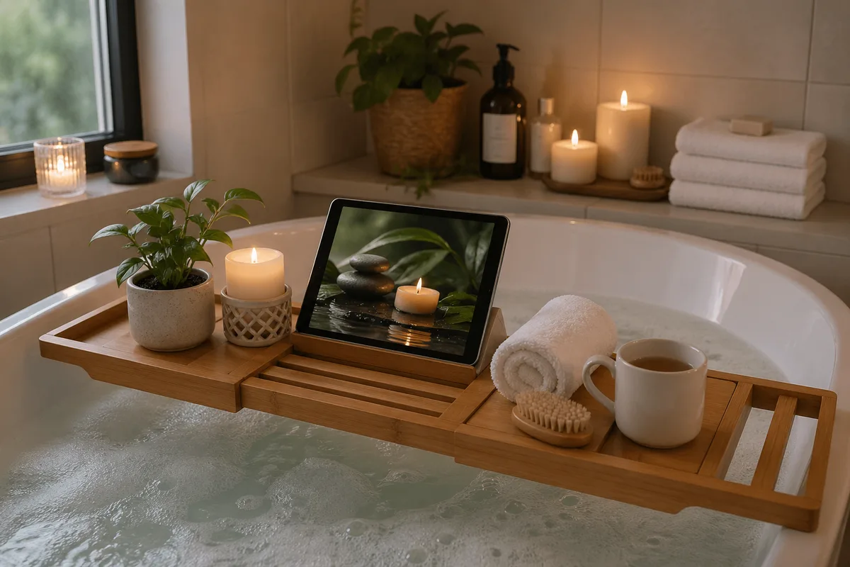 Bain relaxant avec mousse, bougies et plateau de baignoire garni