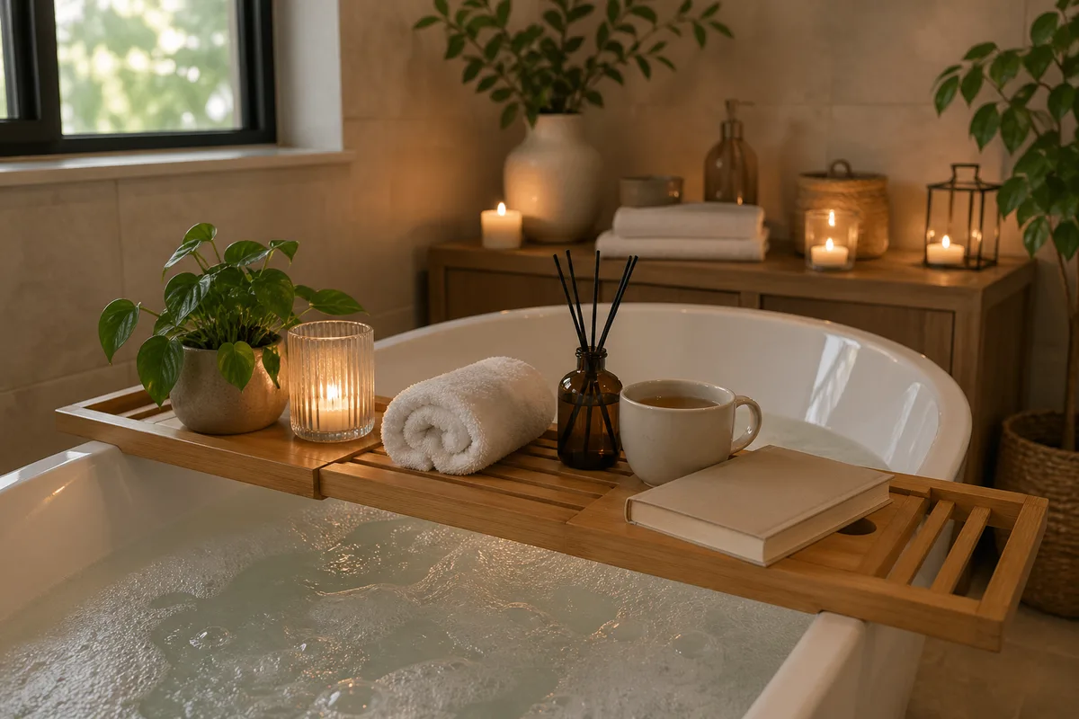 Salle de bain zen avec bougies, plantes et pont de baignoire en bambou